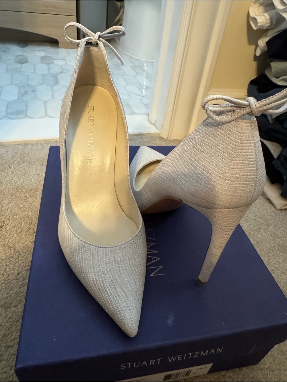 Stuart Weitzman Beige Pointed-Toe Ankle-Tie Stiletto Pumps